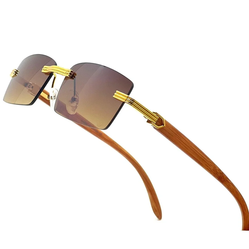 Rimless Rectangle Sunglasses Gold Accents Wood Arms Brown Gradient Lens Hip‎ Hop